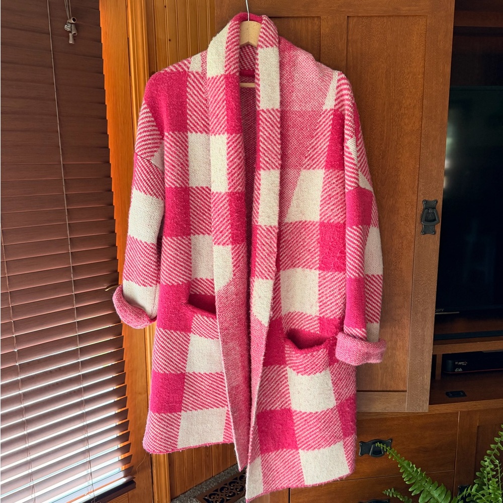 Anthropologie RD Style Conscious Pink Plaid Cardigan Size Small